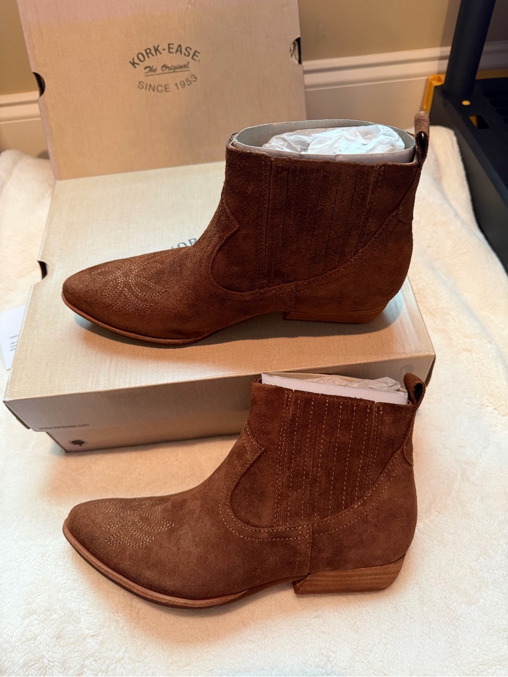 Kork-Ease Brown Suede Western Ankle Booties